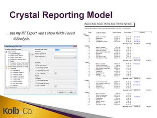 Crystal Reporting Model
…but my RT Expert won’t show fields I need
  - @Analysis




                    BO
 