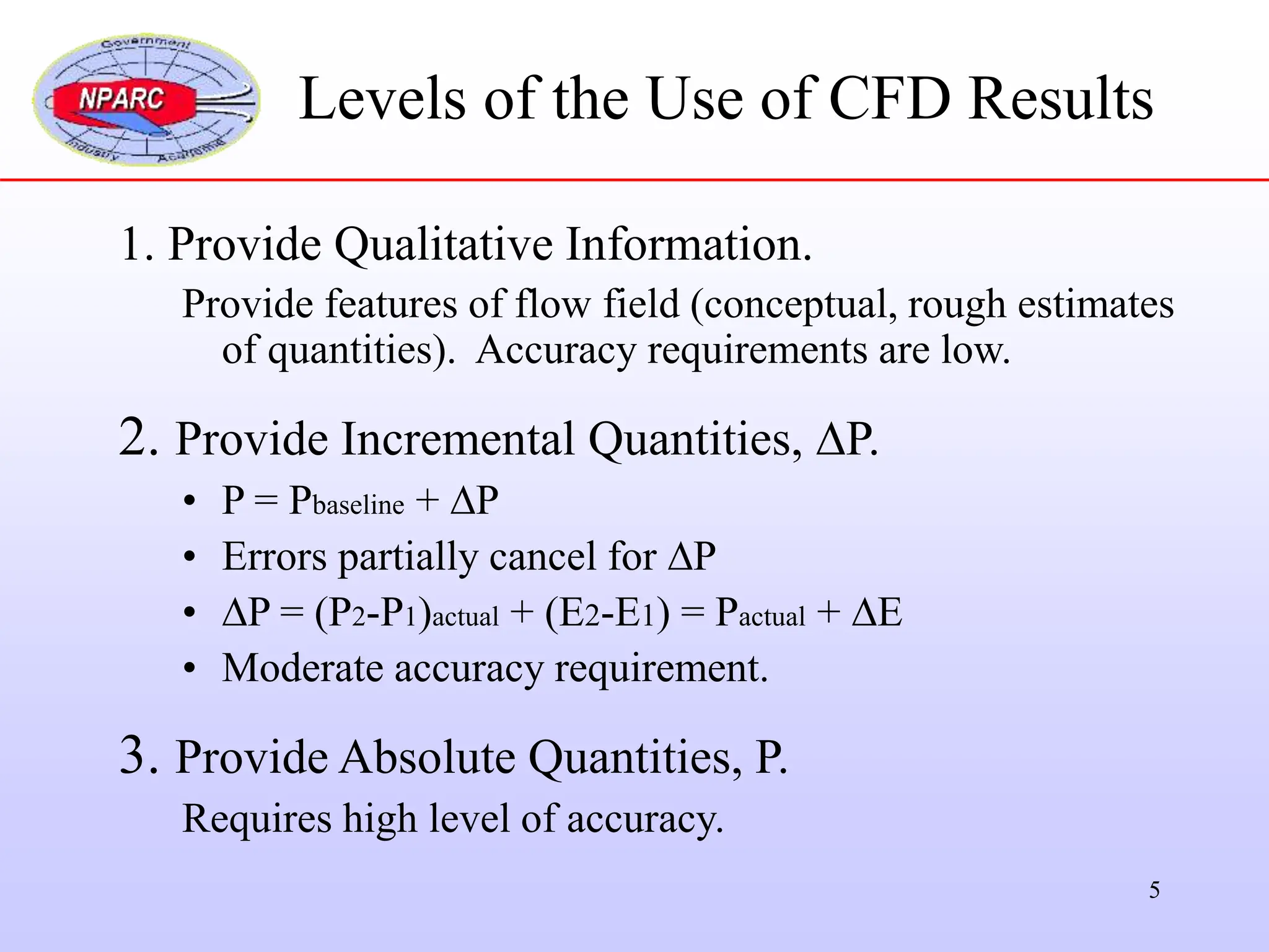 5
1. Provide Qualitative Information.
Provide features of flow field (conceptual, rough estimates
of quantities). Accuracy requirements are low.
2. Provide Incremental Quantities, P.
• P = Pbaseline + P
• Errors partially cancel for P
• P = (P2-P1)actual + (E2-E1) = Pactual + E
• Moderate accuracy requirement.
3. Provide Absolute Quantities, P.
Requires high level of accuracy.
Levels of the Use of CFD Results
 