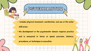 PSYCHOMOTOR
PSYCHOMOTOR
includes physical movement, coordination, and use of the motor
skill areas
the development of the psychomotor domain requires practice
and is measured in terms of speed, precision, distance,
procedures, or techniques in execution.
 