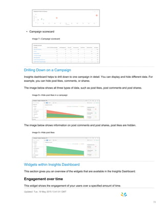 • Campaign scorecard
Image 7—Campaign scorecard
Drilling Down on a Campaign
Insights dashboard helps to drill down to one campaign in detail. You can display and hide different data. For
example, you can hide post likes, comments, or shares.
The image below shows all three types of data, such as post likes, post comments and post shares.
Image 8—Hide post likes in a campaign
The image below shows information on post comments and post shares, post likes are hidden.
Image 9—Hide post likes
Widgets within Insights Dashboard
This section gives you an overview of the widgets that are available in the Insights Dashboard.
Engagement over time
This widget shows the engagement of your users over a specified amount of time.
Updated: Tue, 19 May 2015 13:41:01 GMT
31
 