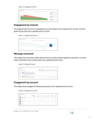 Image 10—Engagement over time
Engagement by channel
This widget shows the amount of engagement by social network and compares them via color in the line
graph and pie chart over a specified amount of time.
Image 11—Engagement by channel
Message scorecard
This widget shows the posts, publish date and actual numbers of total engagement, post likes, comments,
shares, estimated clicks, and post reach over a specified period of time.
Image 12—Message Scorecard
Engagement by account
This widget shows engagement statistics per account over a specified amount of time.
Image 13—Engagement by account
Updated: Tue, 19 May 2015 13:41:01 GMT
32
 