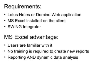 Requirements: Lotus Notes or Domino Web application MS Excel installed on the client SWING Integrator MS Excel advantage: Users are familiar with it No training is required to create new reports Reporting  AND  dynamic data analysis 