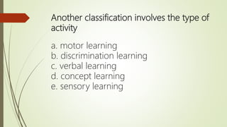 Another classification involves the type of
activity
a. motor learning
b. discrimination learning
c. verbal learning
d. concept learning
e. sensory learning
 