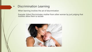 • Discrimination Learning
When learning involves the act of discrimination
Example: Infant Discriminates mother from other woman by just judging that
mothers allow them to lactate
 