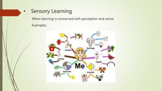 • Sensory Learning
When learning is concerned with perception and sense.
Examples:
 
