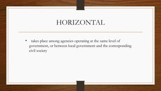 HORIZONTAL
• takes place among agencies operating at the same level of
government, or between local government and the corresponding
civil society
 