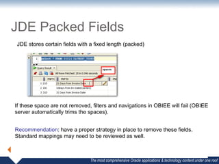 JDE Packed Fields
JDE stores certain fields with a fixed length (packed)




If these space are not removed, filters and navigations in OBIEE will fail (OBIEE
server automatically trims the spaces).


Recommendation: have a proper strategy in place to remove these fields.
Standard mappings may need to be reviewed as well.



                               The most comprehensive Oracle applications & technology content under one roof
 