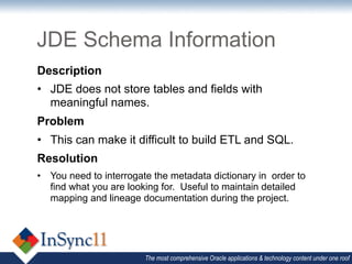 JDE Schema Information
Description
•  JDE does not store tables and fields with
   meaningful names.
Problem
•  This can make it difficult to build ETL and SQL.
Resolution
•  You need to interrogate the metadata dictionary in order to
   find what you are looking for. Useful to maintain detailed
   mapping and lineage documentation during the project.




                        The most comprehensive Oracle applications & technology content under one roof
 