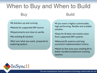 When to Buy and When to Build
                 Buy                                                                   Build

 § BI	
  Solu>on	
  up	
  and	
  running	
                         § If	
  you	
  want	
  a	
  highly	
  customizable,	
  
                                                                    high	
  performing,	
  ﬂexible	
  and	
  scalable	
  
 § Mainly	
  for	
  supported	
  ERP	
  source	
  
                                                                    solu>on.	
  
 § Requirements	
  are	
  close	
  to	
  vanilla	
  	
  
                                                                    § Data	
  for	
  BI	
  does	
  not	
  mainly	
  come	
  
 § No	
  exis>ng	
  BI	
  solu>on	
                                from	
  supported	
  ERP	
  systems	
  	
  
 § Not	
  sure	
  what	
  you	
  want,	
  prepared	
  to	
         § Matured	
  BI	
  systems	
  and	
  long	
  
 exploring	
  op>ons	
                                              successful	
  implementa>on	
  history	
  
                                                                    § Want	
  to	
  ﬁne	
  tune	
  your	
  exis>ng	
  BI	
  to	
  
                                                                    beQer	
  handle/complement	
  exis>ng	
  
                                                                    systems	
  
                                                                    	
  	
  




                                                The most comprehensive Oracle applications & technology content under one roof
 