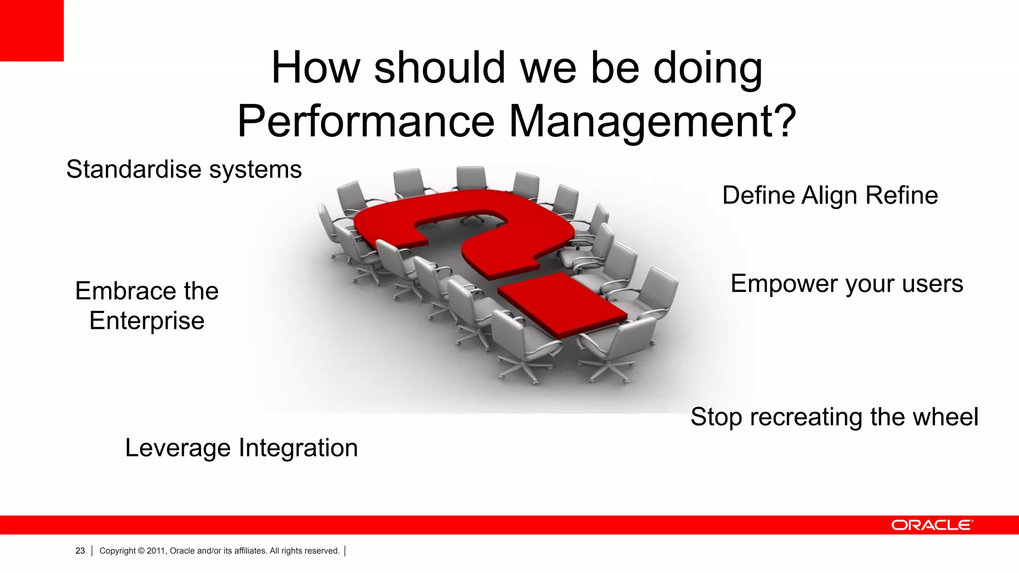 How should we be doing
                                           Performance Management?
Standardise systems
                                                                              Define Align Refine


Embrace the                                                                    Empower your users
 Enterprise


                                                                            Stop recreating the wheel
            Leverage Integration


23   Copyright © 2011, Oracle and/or its affiliates. All rights reserved.
 