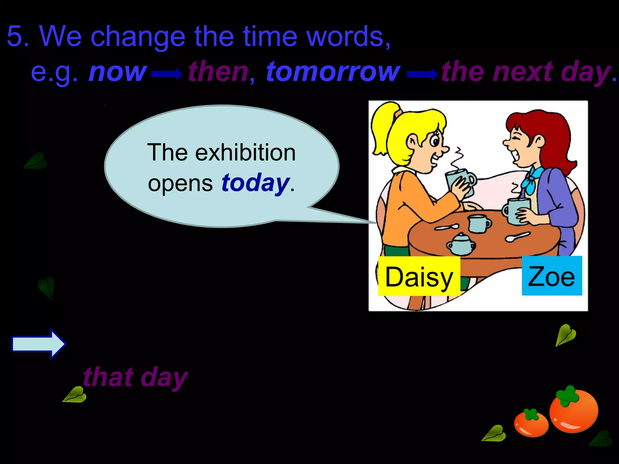 5. We change the time words,
e.g. now then, tomorrow the next day.
The exhibition
opens today.
Daisy said that the exhibition opened
that day.
 