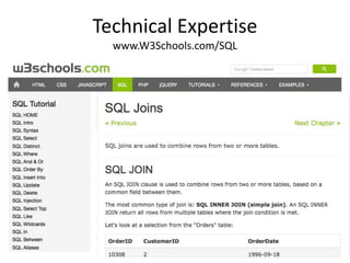 Technical Expertise
www.W3Schools.com/SQL
 