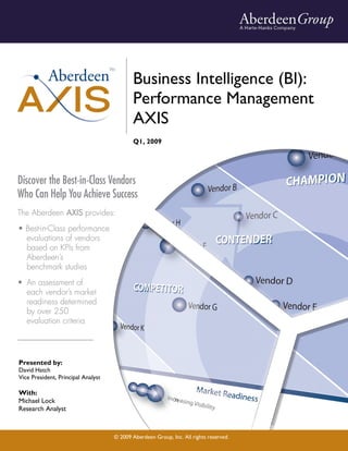 Business Intelligence (BI):
                                           Performance Management
                                           AXIS
                                           Q1, 2009




Presented by:
David Hatch
Vice President, Principal Analyst

With:
Michael Lock
Research Analyst



                                    © 2009 Aberdeen Group, Inc. All rights reserved.
 