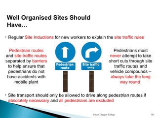 City of Glasgow College 163
Well Organised Sites Should
Have…
Pedestrian routes
and site traffic routes
separated by barriers
to help ensure that
pedestrians do not
have accidents with
mobile plant
Pedestrians must
never attempt to take
short cuts through site
traffic routes and
vehicle compounds –
always take the long
way round
• Site transport should only be allowed to drive along pedestrian routes if
absolutely necessary and all pedestrians are excluded
• Regular Site Inductions for new workers to explain the site traffic rules
 