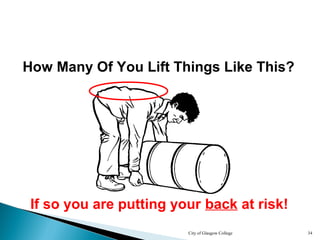 City of Glasgow College 34
How Many Of You Lift Things Like This?
If so you are putting your back at risk!
 