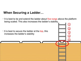 City of Glasgow College 51
• It is best to tie and extend the ladder about five rungs above the platform
being scaled. This also increases the ladder’s stability
When Securing a Ladder…
• It is best to secure the ladder at the top, this
increases the ladder’s stability
1
2
3
4
5
 