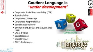 Caution: Language is
‘under development’
• Corporate Social Responsibility (CSR)
• Sustainability
• Corporate Citizenship
...