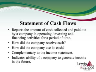 Statement of Cash Flows
• Reports the amount of cash collected and paid out
by a company in operating, investing and
financing activities for a period of time.
• How did the company receive cash?
• How did the company use its cash?
• Complementary to the income statement.
• Indicates ability of a company to generate income
in the future.
 