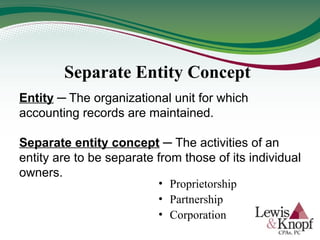 Entity ─ The organizational unit for which
accounting records are maintained.
Separate entity concept ─ The activities of an
entity are to be separate from those of its individual
owners.
• Proprietorship
• Partnership
• Corporation
Separate Entity Concept
 
