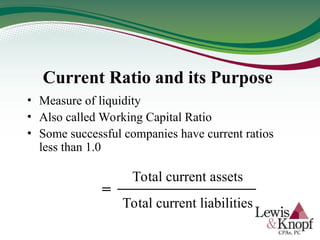 Current Ratio and its Purpose
• Measure of liquidity
• Also called Working Capital Ratio
• Some successful companies have current ratios
less than 1.0
Total current assets
Total current liabilities
=
 