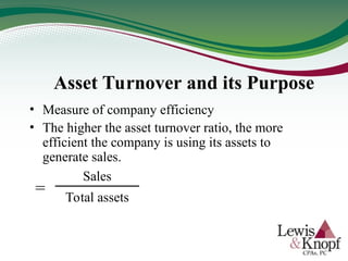 Asset Turnover and its Purpose
• Measure of company efficiency
• The higher the asset turnover ratio, the more
efficient the company is using its assets to
generate sales.
Sales
Total assets
=
 