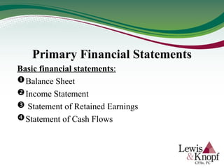 Primary Financial Statements
Basic financial statements:
Balance Sheet
Income Statement
 Statement of Retained Earnings
Statement of Cash Flows
 