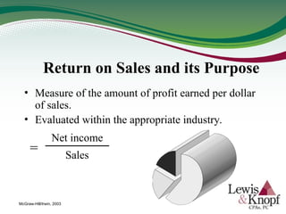 Return on Sales and its Purpose
• Measure of the amount of profit earned per dollar
of sales.
• Evaluated within the appropriate industry.
Net income
Sales
=
McGraw-Hill/Irwin, 2003
 
