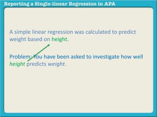 A simple linear regression was calculated to predict 
weight based on height. 
Problem: You have been asked to investigate how well 
height predicts weight. 
 