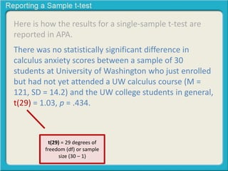 Here is how the results for a single-sample t-test are
reported in APA.
There was no statistically significant difference in
calculus anxiety scores between a sample of 30
students at University of Washington who just enrolled
but had not yet attended a UW calculus course (M =
121, SD = 14.2) and the UW college students in general,
t(29) = 1.03, p = .434.
t(29) = 29 degrees of
freedom (df) or sample
size (30 – 1)
 