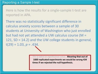 Here is how the results for a single-sample t-test are
reported in APA.
There was no statistically significant difference in
calculus anxiety scores between a sample of 30
students at University of Washington who just enrolled
but had not yet attended a UW calculus course (M =
121, SD = 14.2) and the UW college students in general,
t(29) = 1.03, p = .434.
The p value or significance value. Meaning that out of
1000 replicated experiments we would be wrong 434
times if we rejected the null hypothesis. Therefore we
will not reject the null hypothesis and consider the sample
and the population to be statistically similar.
 