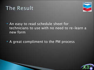 An easy to read schedule sheet for technicians to use with no need to re-learn a new form A great compliment to the PM process 