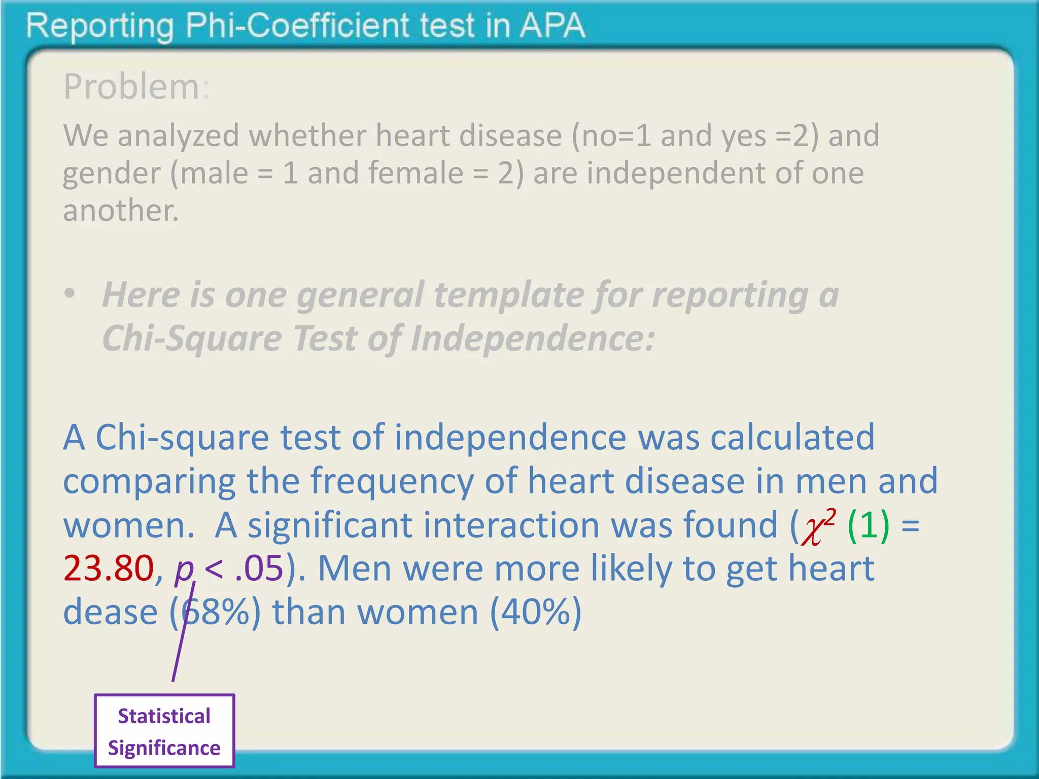 Problem: 
We analyzed whether heart disease (no=1 and yes =2) and 
gender (male = 1 and female = 2) are independent of one 
another. 
• Here is one general template for reporting a 
Chi-Square Test of Independence: 
A Chi-square test of independence was calculated 
comparing the frequency of heart disease in men and 
women. A significant interaction was found (2 (1) = 
23.80, p < .05). Men were more likely to get heart 
dease (68%) than women (40%) 
Statistical 
Significance 
