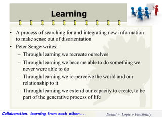 Copyright © Wondershare Software
Learning
• A process of searching for and integrating new information
to make sense out of disorientation
• Peter Senge writes:
– Through learning we recreate ourselves
– Through learning we become able to do something we
never were able to do
– Through learning we re-perceive the world and our
relationship to it
– Through learning we extend our capacity to create, to be
part of the generative process of life
Detail + Logic » FlexibilityCollaboration: learning from each other…..
 