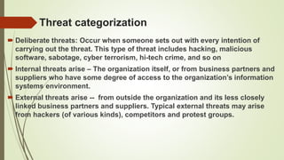Threat categorization
 Deliberate threats: Occur when someone sets out with every intention of
carrying out the threat. This type of threat includes hacking, malicious
software, sabotage, cyber terrorism, hi-tech crime, and so on
 Internal threats arise – The organization itself, or from business partners and
suppliers who have some degree of access to the organization’s information
systems environment.
 External threats arise -- from outside the organization and its less closely
linked business partners and suppliers. Typical external threats may arise
from hackers (of various kinds), competitors and protest groups.
 
