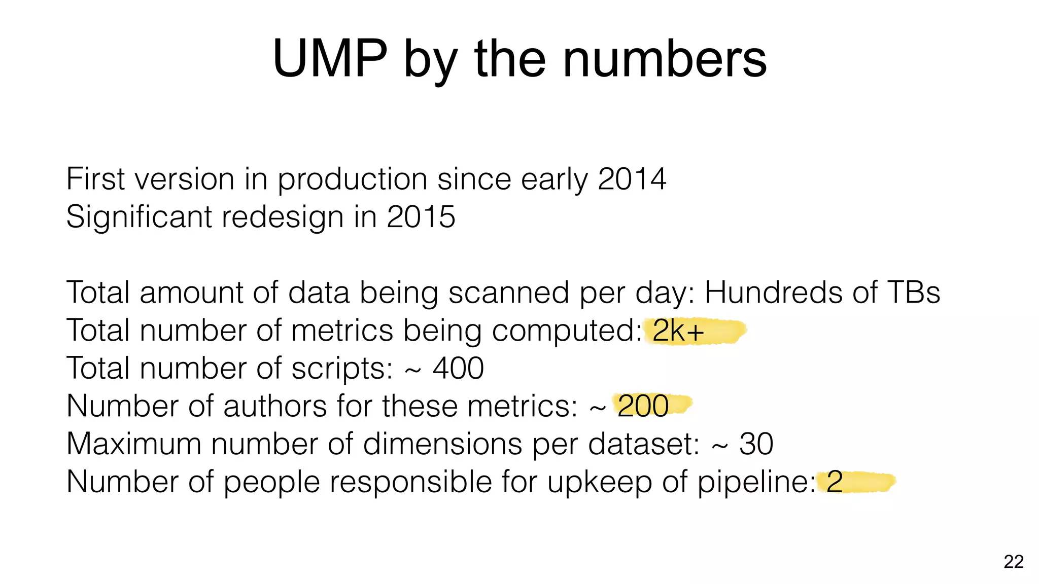First version in production since early 2014
Significant redesign in 2015
Total amount of data being scanned per day: Hundreds of TBs
Total number of metrics being computed: 2k+
Total number of scripts: ~ 400
Number of authors for these metrics: ~ 200
Maximum number of dimensions per dataset: ~ 30
Number of people responsible for upkeep of pipeline: 2
UMP by the numbers
22
 