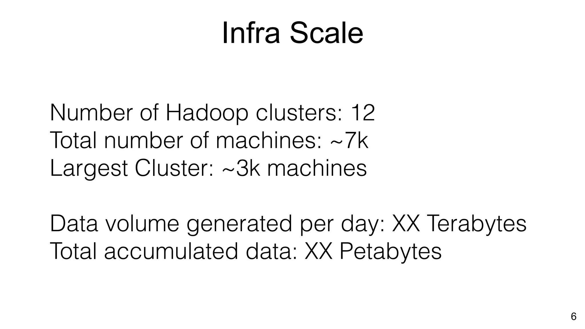 Infra Scale
6
Number of Hadoop clusters: 12
Total number of machines: ~7k
Largest Cluster: ~3k machines
Data volume generated per day: XX Terabytes
Total accumulated data: XX Petabytes
 