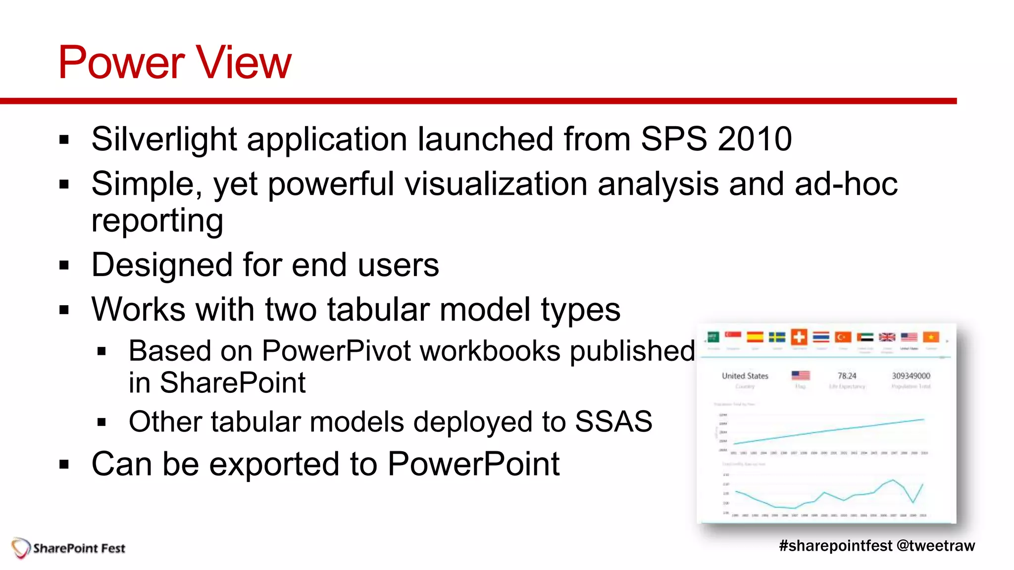 Power View
 Silverlight application launched from SPS 2010
 Simple, yet powerful visualization analysis and ad-hoc
  reporting
 Designed for end users
 Works with two tabular model types




 Can be exported to PowerPoint
 