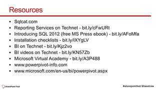 Resources
   Sqlcat.com
   Reporting Services on Technet - bit.ly/cFwURt
   Introducing SQL 2012 (free MS Press ebook) - bit.ly/AFoMfa
   Installation checklists - bit.ly/IXYgLV
   BI on Technet - bit.ly/Kjz2vo
   BI videos on Technet - bit.ly/KN57Zb
   Microsoft Virtual Academy - bit.ly/A3P488
   www.powerpivot-info.com
   www.microsoft.com/en-us/bi/powerpivot.aspx
 