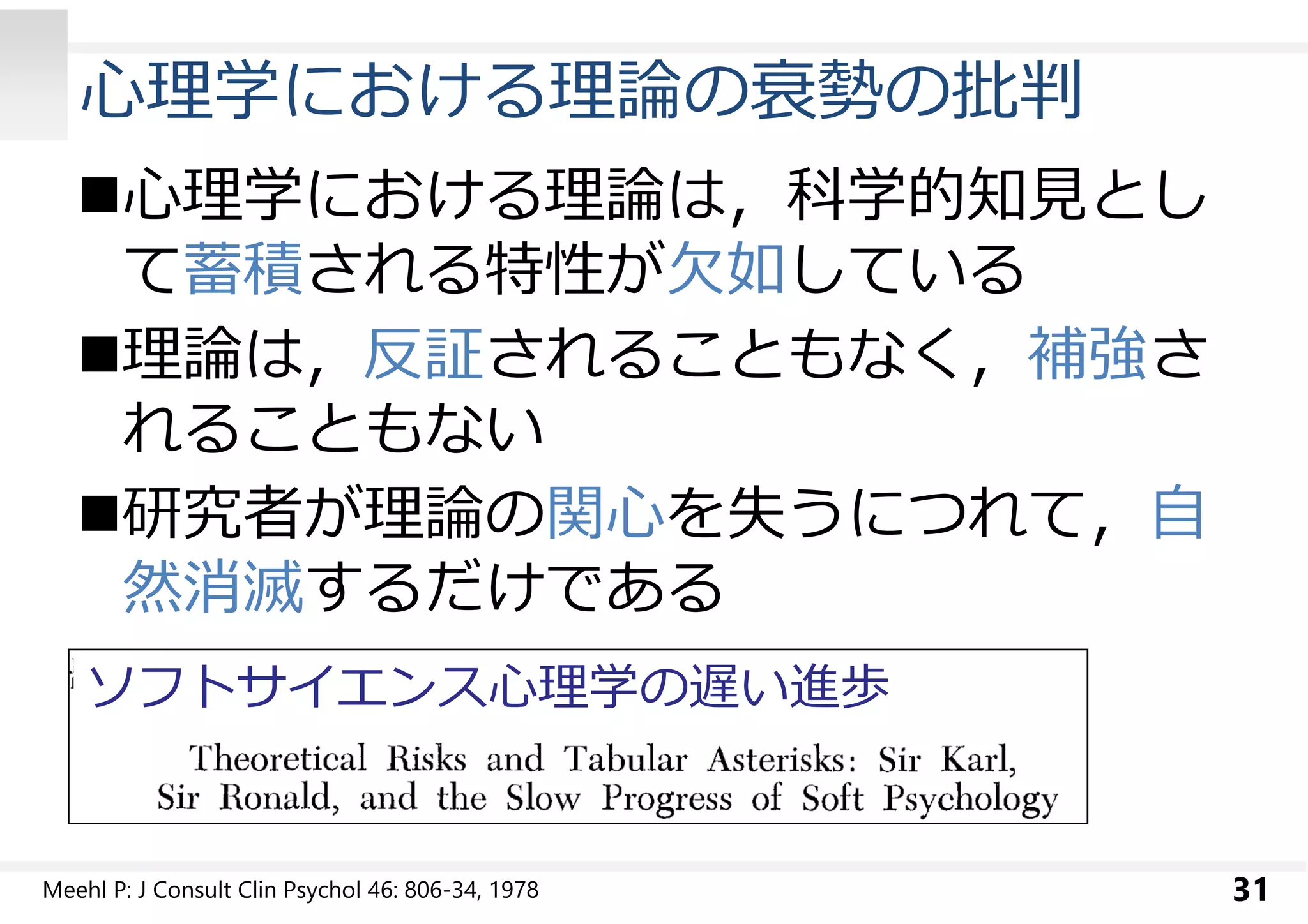 ⼼理学における理論の衰勢の批判 
⼼理学における理論は，科学的知⾒とし 
て蓄積される特性が欠如している 
理論は，反証されることもなく，補強さ 
れることもない 
研究者が理論の関⼼を失うにつれて，自 
然消滅するだけである 
ソフトサイエンス⼼理学の遅い進歩 
Meehl P: J Consult Clin Psychol 46: 806-34, 1978 31 
 