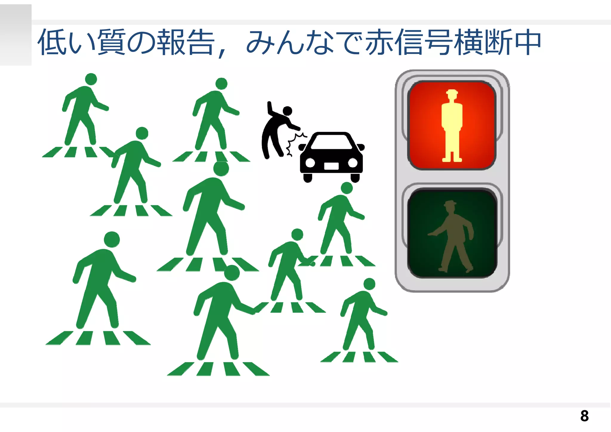 低い質の報告，みんなで赤信号横断中 
8 
 