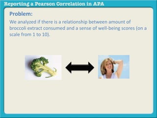Problem: 
We analyzed if there is a relationship between amount of 
broccoli extract consumed and a sense of well-being scores (on a 
scale from 1 to 10). 
 