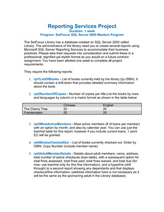 Reporting Services Project
                            Duration: 1 week
           Program: SetFocus SQL Server 2005 Masters Program

The SetFocus Library has a database created on SQL Server 2005 called
Library. The administrators of the library need you to create several reports using
Microsoft SQL Server Reporting Services to accommodate their business
practices. Please take their requests into consideration and submit these in a
professional, dignified yet stylish format as you would on a future contract
assignment. You have been allotted one week to complete all project
requirements.

They require the following reports:

   1. rpt1ListOfBooks - List of books currently held by the library (by ISBN). It
      should contain a drill-down that provides detailed summary information
      about the book.

   2. rpt2NumberOfCopies - Number of copies per title.List the books by rows
      and languages by column in a matrix format as shown in the table below:

                            Chinese                      English
The Cherry Tree             20                           20
Frankenstein                20                           20


   3. rpt3MostActiveMembers - Most active members (# of loans per member)
      with an option by month, and also by calendar year. You can use just the
      loanhist table for this report, however if you include current loans, 1 point
      EC will be granted.

   4. rpt4BooksCheckedOut - List of books currently checked out. Order by
      ISBN, Copy Number (include member name)

   5. rpt5AdultMemberDetails - Details about adult members: name, address,
      total number of active checkouts (loan table), with a subsequent option for
      total fines assessed, total fines paid, total fines waived, and total due (for
      now- use loanhist only for this fine information), and a hyperlink (drill
      through) to a second report showing any dependants and that displays
      checkout/fine information- (address information here is not necessary as it
      will be the same as the sponsoring adult in the Library database).
 