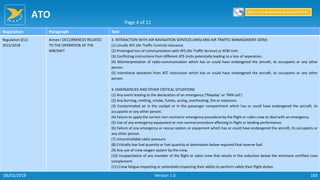 ATO
163
Regulation Paragraph Text
Regulation (EU)
2015/1018
Annex I OCCURRENCES RELATED
TO THE OPERATION OF THE
AIRCRAFT
3. INTERACTION WITH AIR NAVIGATION SERVICES (ANS) AND AIR TRAFFIC MANAGEMENT (ATM)
(1) Unsafe ATC (Air Traffic Control) clearance.
(2) Prolonged loss of communication with ATS (Air Traffic Service) or ATM Unit.
(3) Conflicting instructions from different ATS Units potentially leading to a loss of separation.
(4) Misinterpretation of radio-communication which has or could have endangered the aircraft, its occupants or any other
person.
(5) Intentional deviation from ATC instruction which has or could have endangered the aircraft, its occupants or any other
person.
4. EMERGENCIES AND OTHER CRITICAL SITUATIONS
(1) Any event leading to the declaration of an emergency (‘Mayday’ or ‘PAN call’).
(2) Any burning, melting, smoke, fumes, arcing, overheating, fire or explosion.
(3) Contaminated air in the cockpit or in the passenger compartment which has or could have endangered the aircraft, its
occupants or any other person.
(4) Failure to apply the correct non-normal or emergency procedure by the flight or cabin crew to deal with an emergency.
(5) Use of any emergency equipment or non-normal procedure affecting in-flight or landing performance.
(6) Failure of any emergency or rescue system or equipment which has or could have endangered the aircraft, its occupants or
any other person.
(7) Uncontrollable cabin pressure.
(8) Critically low fuel quantity or fuel quantity at destination below required final reserve fuel.
(9) Any use of crew oxygen system by the crew.
(10) Incapacitation of any member of the flight or cabin crew that results in the reduction below the minimum certified crew
complement.
(11) Crew fatigue impacting or potentially impacting their ability to perform safely their flight duties.
Page 4 of 11
Return to Reporting Responsibilities
06/02/2019 Version 1.0
 