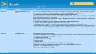 Part-M
100
Regulation Paragraph Text
AMC 20-8 III.AIRCRAFT MAINTENANCE AND
REPAIR
E. Any failure, malfunction or defect of any system or equipment, or damage or deterioration found as a result of compliance
with an Airworthiness Directive or other mandatory instruction issued by a Regulatory Authority, when:
(1) it is detected for the first time by the reporting organisation implementing compliance;
(2) on any subsequent compliance where it exceeds the permissible limits quoted in the instruction and/or published
repair/rectification procedures are not available.
F. Failure of any emergency system or equipment, including all exit doors and lighting, to perform satisfactorily, including when
being used for maintenance or test purposes.
G. Non compliance or significant errors in compliance with required maintenance procedures.
H. Products, parts, appliances and materials of unknown or suspect origin.
I. Misleading, incorrect or insufficient maintenance data or procedures that could lead to maintenance errors.
J. Failure, malfunction or defect of ground equipment used for test or checking of aircraft systems and equipment when the
required routine inspection and test procedures did not clearly identify the problem when this results in a hazardous situation.
AMC 20-8 Annex 1 to AMC 20-8 Reportable occurrences to specific systems
The following subparagraphs give examples of reportable occurrences resulting from the application of the generic criteria to
specific systems listed in paragraph 10.g. II.B of this AMC.
1. Air conditioning/ventilation
(a) complete loss of avionics cooling
(b) depressurisation
2. Autoflight system
(a) failure of the autoflight system to achieve the intended operation while engaged
(b) significant reported crew difficulty to control the aircraft linked to autoflight system functioning
(c) failure of any autoflight system disconnect device
(d) Uncommanded autoflight mode change
Page 7 of 10
Return to Reporting Responsibilities
06/02/2019 Version 1.0
 