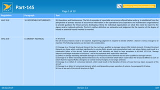 Part-145
109
Regulation Paragraph Text
AMC 20-8 10. REPORTABLE OCCURRENCES (b) Operations and Maintenance. The list of examples of reportable occurrences offered below under g. is established from the
perspective of primary sources of occurrence information in the operational area (operators and maintenance organisations)
to provide guidance for those persons developing criteria for individual organisations on what they need to report to the
Agency and/or national authority. The list is neither definitive nor exhaustive and judgement by the reporter of the degree of
hazard or potential hazard involved is essential.
AMC 20-8 II. AIRCRAFT TECHNICAL A. Structural
Not all structural failures need to be reported. Engineering judgement is required to decide whether a failure is serious enough to be
reported. The following examples can be taken into consideration:
(1) Damage to a Principal Structural Element that has not been qualified as damage tolerant (life limited element). Principal Structural
Elements are those which contribute significantly to carrying flight, ground, and pressurisation loads, and whose failure could result in a
catastrophic failure of the aircraft. Typical examples of such elements are listed for large aeroplanes in AC/AMC 25.571(a) "damage
tolerance and fatigue evaluation of structure", and in the equivalent AMC material for rotorcraft.
(2) Defect or damage exceeding admissible damages to a Principal Structural Element that has been qualified as damage tolerant.
(3) Damage to or defect exceeding allowed tolerances of a structural element which failure could reduce the structural stiffness to such an
extent that the required flutter, divergence or control reversal margins are no longer achieved.
(4) Damage to or defect of a structural element, which could result in the liberation of items of mass that may injure occupants of the
aircraft.
(5) Damage to or defect of a structural element, which could jeopardise proper operation of systems. See paragraph II.B. below.
(6) Loss of any part of the aircraft structure in flight.
Page 1 of 10
Return to Reporting Responsibilities
06/02/2019 Version 1.0
 