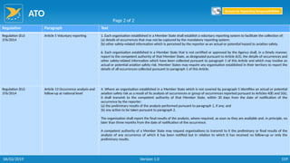 ATO
159
Regulation Paragraph Text
Regulation (EU)
376/2014
Article 5 Voluntary reporting 1. Each organisation established in a Member State shall establish a voluntary reporting system to facilitate the collection of:
(a) details of occurrences that may not be captured by the mandatory reporting system;
(b) other safety-related information which is perceived by the reporter as an actual or potential hazard to aviation safety.
6. Each organisation established in a Member State that is not certified or approved by the Agency shall, in a timely manner,
report to the competent authority of that Member State, as designated pursuant to Article 6(3), the details of occurrences and
other safety-related information which have been collected pursuant to paragraph 1 of this Article and which may involve an
actual or potential aviation safety risk. Member States may require any organisation established in their territory to report the
details of all occurrences collected pursuant to paragraph 1 of this Article.
Regulation (EU)
376/2014
Article 13 Occurrence analysis and
follow-up at national level
4. Where an organisation established in a Member State which is not covered by paragraph 5 identifies an actual or potential
aviation safety risk as a result of its analysis of occurrences or group of occurrences reported pursuant to Articles 4(8) and 5(6),
it shall transmit to the competent authority of that Member State, within 30 days from the date of notification of the
occurrence by the reporter:
(a) the preliminary results of the analysis performed pursuant to paragraph 1, if any; and
(b) any action to be taken pursuant to paragraph 2.
The organisation shall report the final results of the analysis, where required, as soon as they are available and, in principle, no
later than three months from the date of notification of the occurrence.
A competent authority of a Member State may request organisations to transmit to it the preliminary or final results of the
analysis of any occurrence of which it has been notified but in relation to which it has received no follow-up or only the
preliminary results.
Page 2 of 2
Return to Reporting Responsibilities
06/02/2019 Version 1.0
 