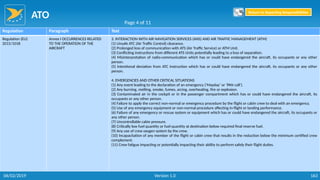 ATO
163
Regulation Paragraph Text
Regulation (EU)
2015/1018
Annex I OCCURRENCES RELATED
TO THE OPERATION OF THE
AIRCRAFT
3. INTERACTION WITH AIR NAVIGATION SERVICES (ANS) AND AIR TRAFFIC MANAGEMENT (ATM)
(1) Unsafe ATC (Air Traffic Control) clearance.
(2) Prolonged loss of communication with ATS (Air Traffic Service) or ATM Unit.
(3) Conflicting instructions from different ATS Units potentially leading to a loss of separation.
(4) Misinterpretation of radio-communication which has or could have endangered the aircraft, its occupants or any other
person.
(5) Intentional deviation from ATC instruction which has or could have endangered the aircraft, its occupants or any other
person.
4. EMERGENCIES AND OTHER CRITICAL SITUATIONS
(1) Any event leading to the declaration of an emergency (‘Mayday’ or ‘PAN call’).
(2) Any burning, melting, smoke, fumes, arcing, overheating, fire or explosion.
(3) Contaminated air in the cockpit or in the passenger compartment which has or could have endangered the aircraft, its
occupants or any other person.
(4) Failure to apply the correct non-normal or emergency procedure by the flight or cabin crew to deal with an emergency.
(5) Use of any emergency equipment or non-normal procedure affecting in-flight or landing performance.
(6) Failure of any emergency or rescue system or equipment which has or could have endangered the aircraft, its occupants or
any other person.
(7) Uncontrollable cabin pressure.
(8) Critically low fuel quantity or fuel quantity at destination below required final reserve fuel.
(9) Any use of crew oxygen system by the crew.
(10) Incapacitation of any member of the flight or cabin crew that results in the reduction below the minimum certified crew
complement.
(11) Crew fatigue impacting or potentially impacting their ability to perform safely their flight duties.
Page 4 of 11
Return to Reporting Responsibilities
06/02/2019 Version 1.0
 