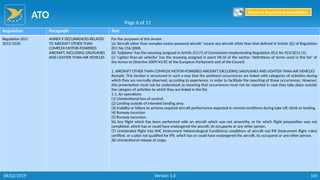 ATO
165
Regulation Paragraph Text
Regulation (EU)
2015/1018
ANNEX V OCCURRENCES RELATED
TO AIRCRAFT OTHER THAN
COMPLEX MOTOR-POWERED
AIRCRAFT, INCLUDING SAILPLANES
AND LIGHTER-THAN-AIR VEHICLES
For the purposes of this Annex:
(a) ‘Aircraft other than complex motor-powered aircraft’ means any aircraft other than that defined in Article 3(j) of Regulation
(EC) No 216/2008;
(b) ‘Sailplane’ has the meaning assigned in Article 2(117) of Commission Implementing Regulation (EU) No 923/2012 (1);
(c) ‘Lighter-than-air vehicles’ has the meaning assigned in point ML10 of the section ‘Definitions of terms used in this list’ of
the Annex to Directive 2009/43/EC of the European Parliament and of the Council.
1. AIRCRAFT OTHER THAN COMPLEX MOTOR-POWERED AIRCRAFT EXCLUDING SAILPLANES AND LIGHTER-THAN-AIR VEHICLES
Remark: This Section is structured in such a way that the pertinent occurrences are linked with categories of activities during
which they are normally observed, according to experience, in order to facilitate the reporting of those occurrences. However,
this presentation must not be understood as meaning that occurrences must not be reported in case they take place outside
the category of activities to which they are linked in the list.
1.1. Air operations
(1) Unintentional loss of control.
(2) Landing outside of intended landing area.
(3) Inability or failure to achieve required aircraft performance expected in normal conditions during take-off, climb or landing.
(4) Runway incursion
(5) Runway excursion.
(6) Any flight which has been performed with an aircraft which was not airworthy, or for which flight preparation was not
completed, which has or could have endangered the aircraft, its occupants or any other person.
(7) Unintended flight into IMC (Instrument Meteorological Conditions) conditions of aircraft not IFR (Instrument flight rules)
certified, or a pilot not qualified for IFR, which has or could have endangered the aircraft, its occupants or any other person.
(8) Unintentional release of cargo.
Page 6 of 11
Return to Reporting Responsibilities
06/02/2019 Version 1.0
 