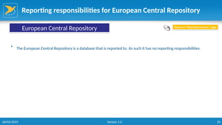 20
Reporting responsibilities for European Central Repository
European Central Repository Return to “Reporting function” page
• The European Central Repository is a database that is reported to. As such it has no reporting responsibilities.
06/02/2019 Version 1.0
 