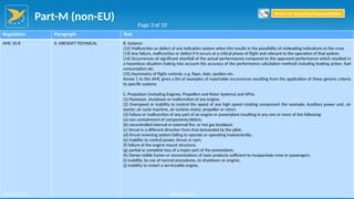 Part-M (non-EU)
215
Regulation Paragraph Text
AMC 20-8 II. AIRCRAFT TECHNICAL B. Systems
(12) Malfunction or defect of any indication system when this results in the possibility of misleading indications to the crew.
(13) Any failure, malfunction or defect if it occurs at a critical phase of flight and relevant to the operation of that system.
(14) Occurrences of significant shortfall of the actual performances compared to the approved performance which resulted in
a hazardous situation (taking into account the accuracy of the performance calculation method) including braking action, fuel
consumption etc.
(15) Asymmetry of flight controls; e.g. flaps, slats, spoilers etc.
Annex 1 to this AMC gives a list of examples of reportable occurrences resulting from the application of these generic criteria
to specific systems
C. Propulsion (including Engines, Propellers and Rotor Systems) and APUs
(1) Flameout, shutdown or malfunction of any engine.
(2) Overspeed or inability to control the speed of any high speed rotating component (for example: Auxiliary power unit, air
starter, air cycle machine, air turbine motor, propeller or rotor).
(3) Failure or malfunction of any part of an engine or powerplant resulting in any one or more of the following:
(a) non containment of components/debris;
(b) uncontrolled internal or external fire, or hot gas breakout;
(c) thrust in a different direction from that demanded by the pilot;
(d) thrust reversing system failing to operate or operating inadvertently;
(e) inability to control power, thrust or rpm;
(f) failure of the engine mount structure;
(g) partial or complete loss of a major part of the powerplant;
(h) Dense visible fumes or concentrations of toxic products sufficient to incapacitate crew or passengers;
(i) inability, by use of normal procedures, to shutdown an engine;
(j) inability to restart a serviceable engine.
Page 3 of 10
Return to Reporting Responsibilities
06/02/2019 Version 1.0
 